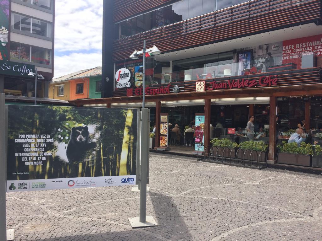 Publicity for the IBA conference and for Andean bears in a busy plaza in Quito.  Photo by the author.